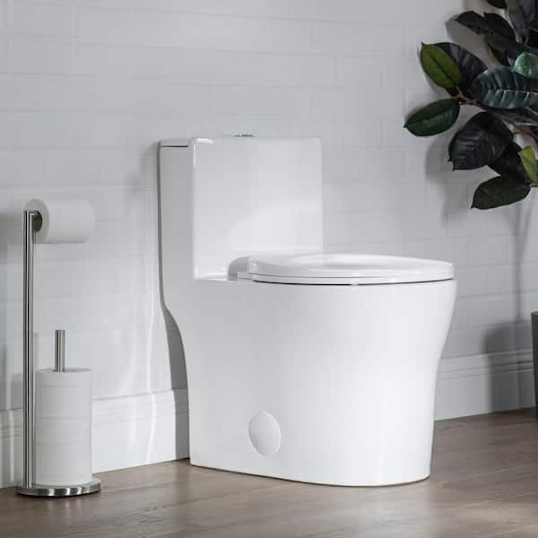 One-Piece Round Toilet 0.9/1.28 GPF Dual Flush in White, Skirted Toilet, Soft Close Seat Included, Compact Toilet