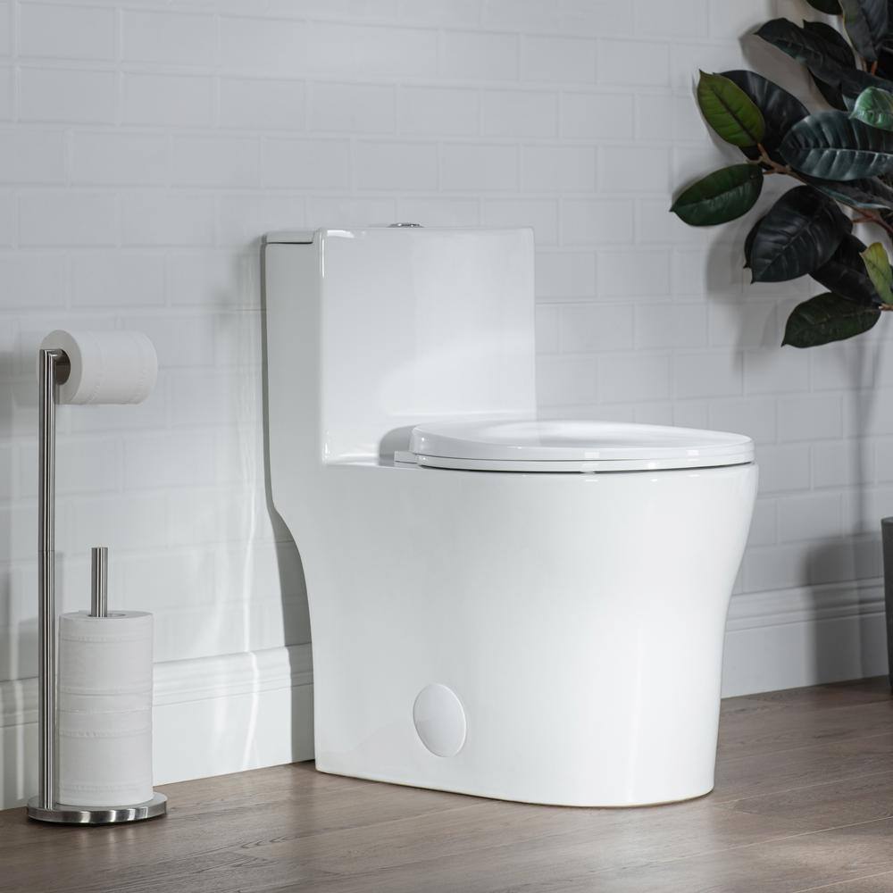 Gloss White Round One-Piece Dual Flush Toilet with Soft Close Seat
