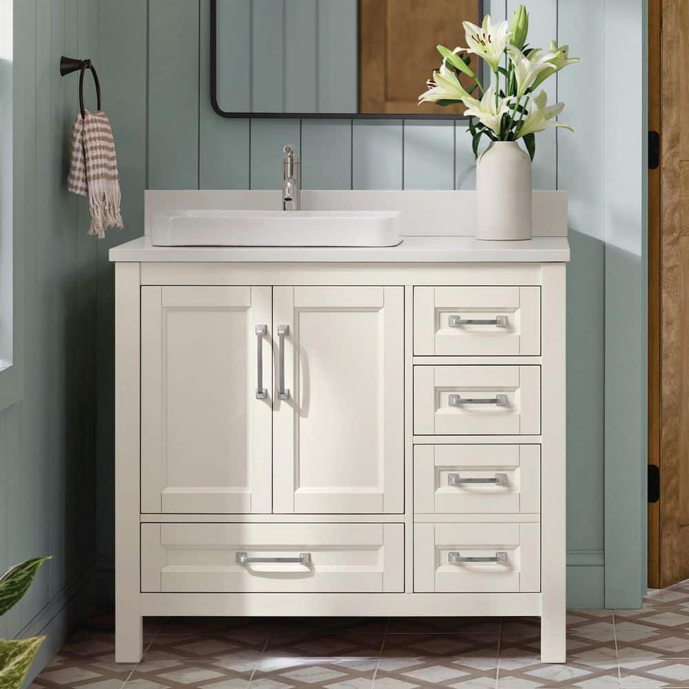 Bentworth 36 in. Single Semi-Recessed Sink Warm White Bath Vanity with White Engineered Marble Top (Assembled) price history on PriceWatchPro