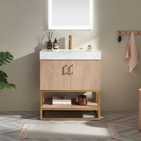 Alistair 30 in. W x 22 in. D x 34 in. H Single Bath Vanity in North American Oak with White Engineered Stone Top