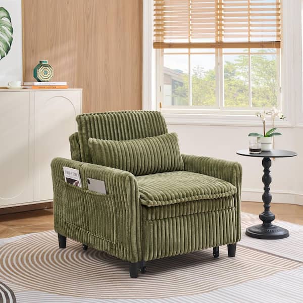 Green Corduroy Arm Chair Sleeper Sofa Single Couch Sofa Bed With Pillow Single Couch Fold Out Bed with Side Storage Bag