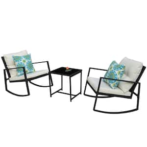 3-Piece Wicker Cast Icon Frame Rectangle Glass Coffee Table Outdoor Bistro Set with Blue Pattern White Cushion