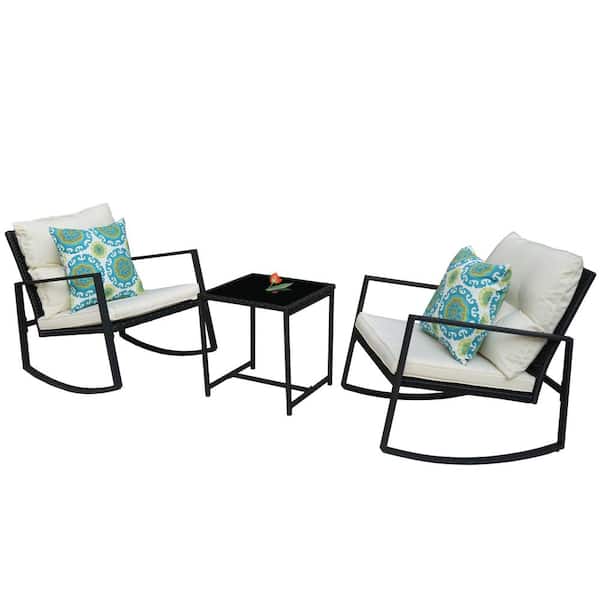 KOZYARD 3-Piece Wicker Cast Icon Frame Rectangle Glass Coffee Table Outdoor Bistro Set with Blue Pattern White Cushion