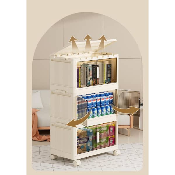 White 31.5 in. H 3 Tiers Folding Collapsible Storage Cabinet with Magnetic Door, Plastic Storage Cabinet with Wheels