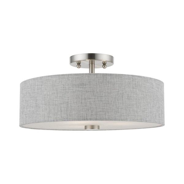 Livex Lighting Dakota 15 in. 3-Light Brushed Nickel Semi-Flush Mount with Urban Gray Fabric Shade with White Fabric Inside