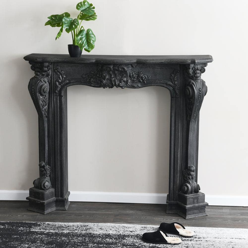 Ornate Black Wood Wall-Mounted Decorative Fireplace Mantel