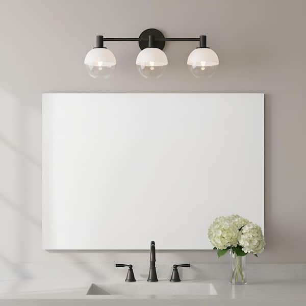 Torian 24 in. 3-Light Aged Iron Bathroom Bedroom Vanity Light Wall Fixture With Milk Clear Glass Mix Shade