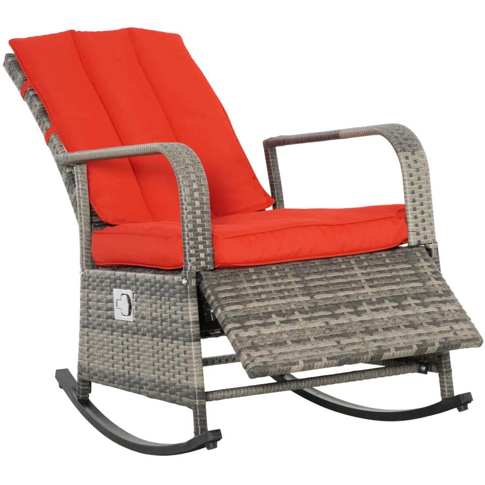 Outdoor PE Rattan Rocking Recliner, Adjustable Patio Wicker Lounge w/ Footrest & Cushions, 135° Recline, Red price history on PriceWatchPro