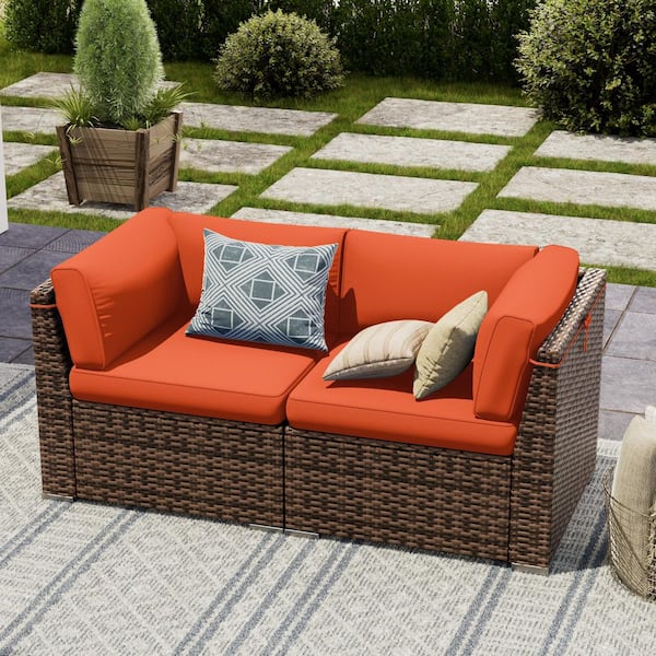 2-Series Brown Wicker Outdoor Sectional Set with Orange Cushion