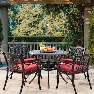 5-Piece Cast Aluminum Outdoor Dining Set with Wine Red Cushions, Olefin Fabric