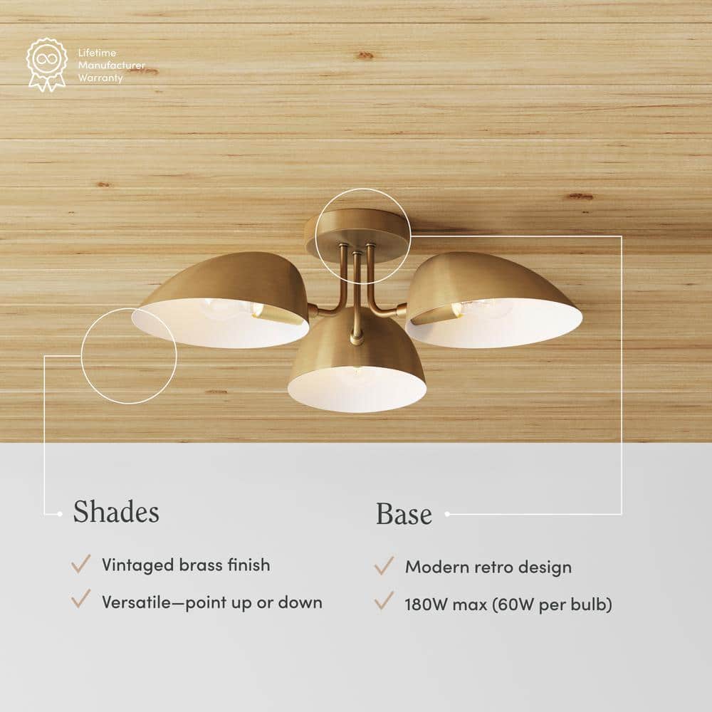 Argo 24" Brass and Glass 3-Light Semi-Flush Mount