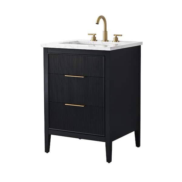 Emma 24 in. W Bath Vanity in Black with Engineered Stone Top in Arabescato with White Sink