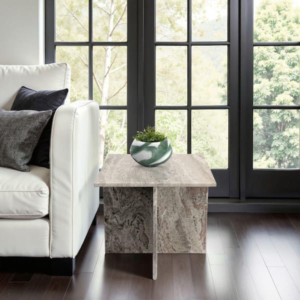 18 in. White Square Stone Top Cross Base Modern End Table