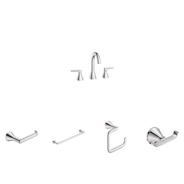 Aspirations Polished Chrome Bathroom Set: Towel Ring, Hook, 24 in. Bar, Faucet, and Toilet Paper Holder