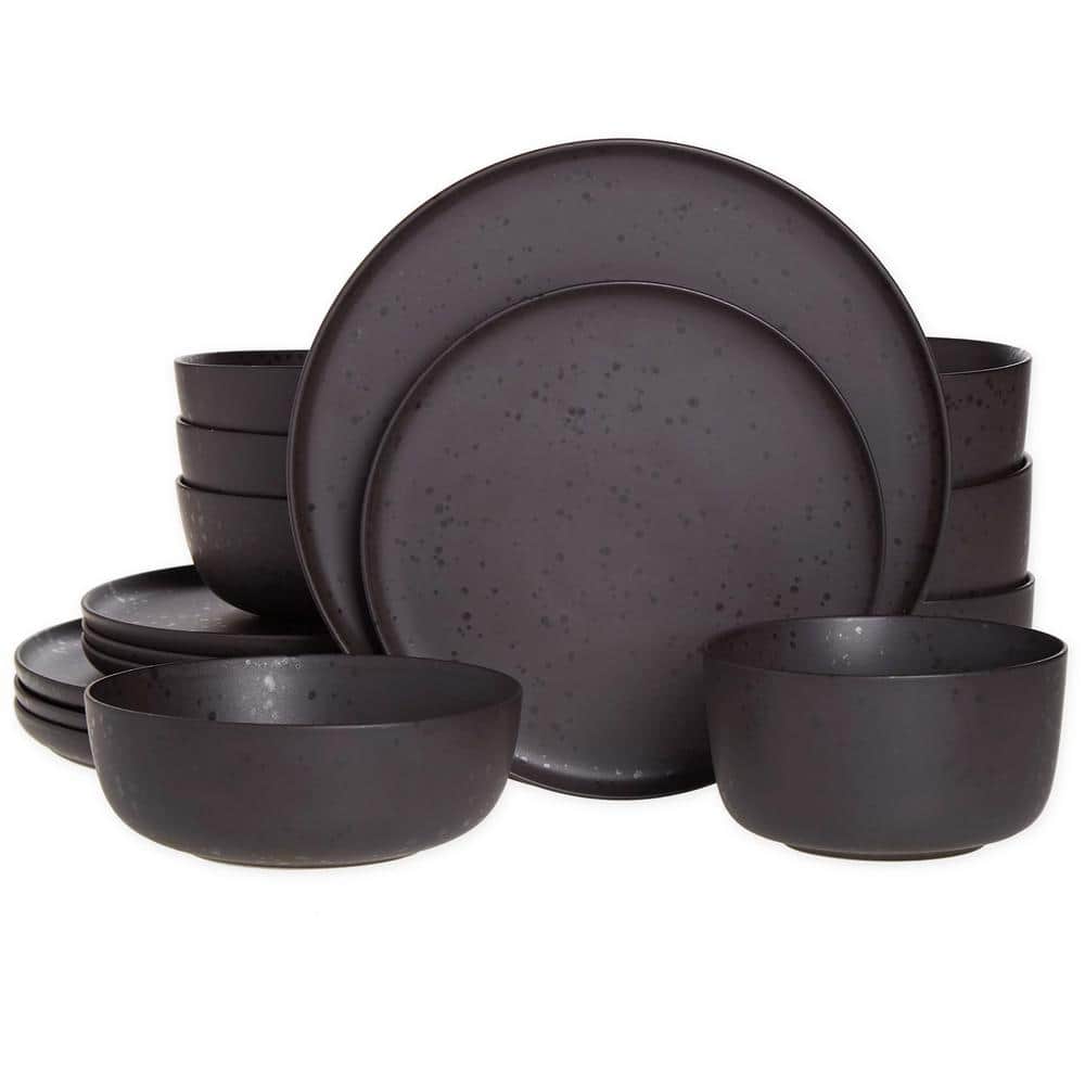 Pepper Black Ceramic 16-Piece Dinnerware Set with Reactive Glaze