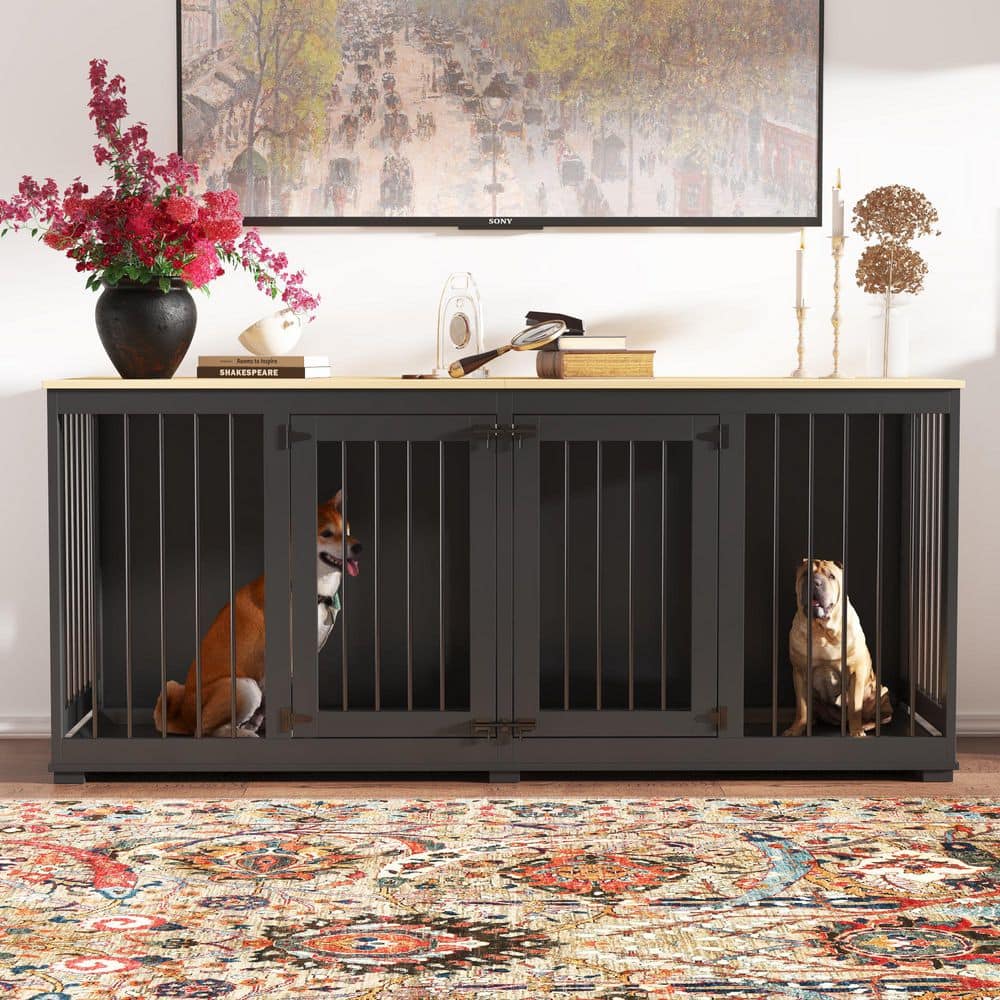 View of FUFU&GAGA Large Dog House Crate Furniture, 71 in. Wooden Large Dog ...