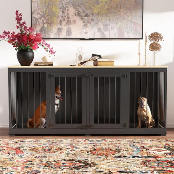 FUFU&GAGA Large Dog House Crate Furniture, 71 in. Wooden Large Dog Kennel with Removable Divider for Large Medium Dogs, Black
