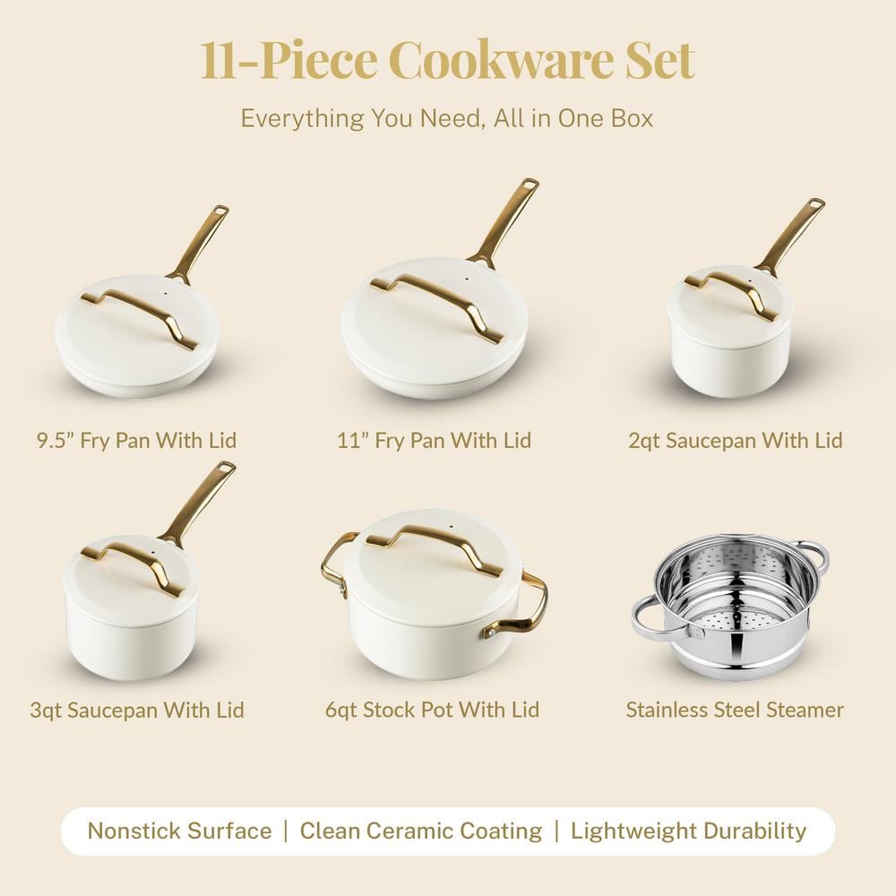 Cream and Gold 11-Piece Nonstick Aluminum Cookware Set