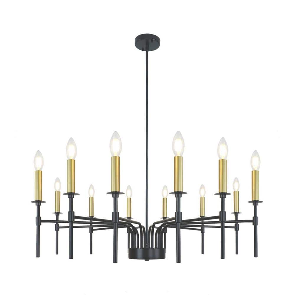 12-Light Black and Gold Farmhouse Rustic Modern Large Candle Style Chandeli