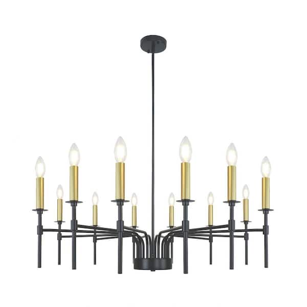 Unbranded 12-Light Black and Gold Farmhouse Rustic Modern Large Candle Style Chandelier for Living Room Dining Room Kitchen Island