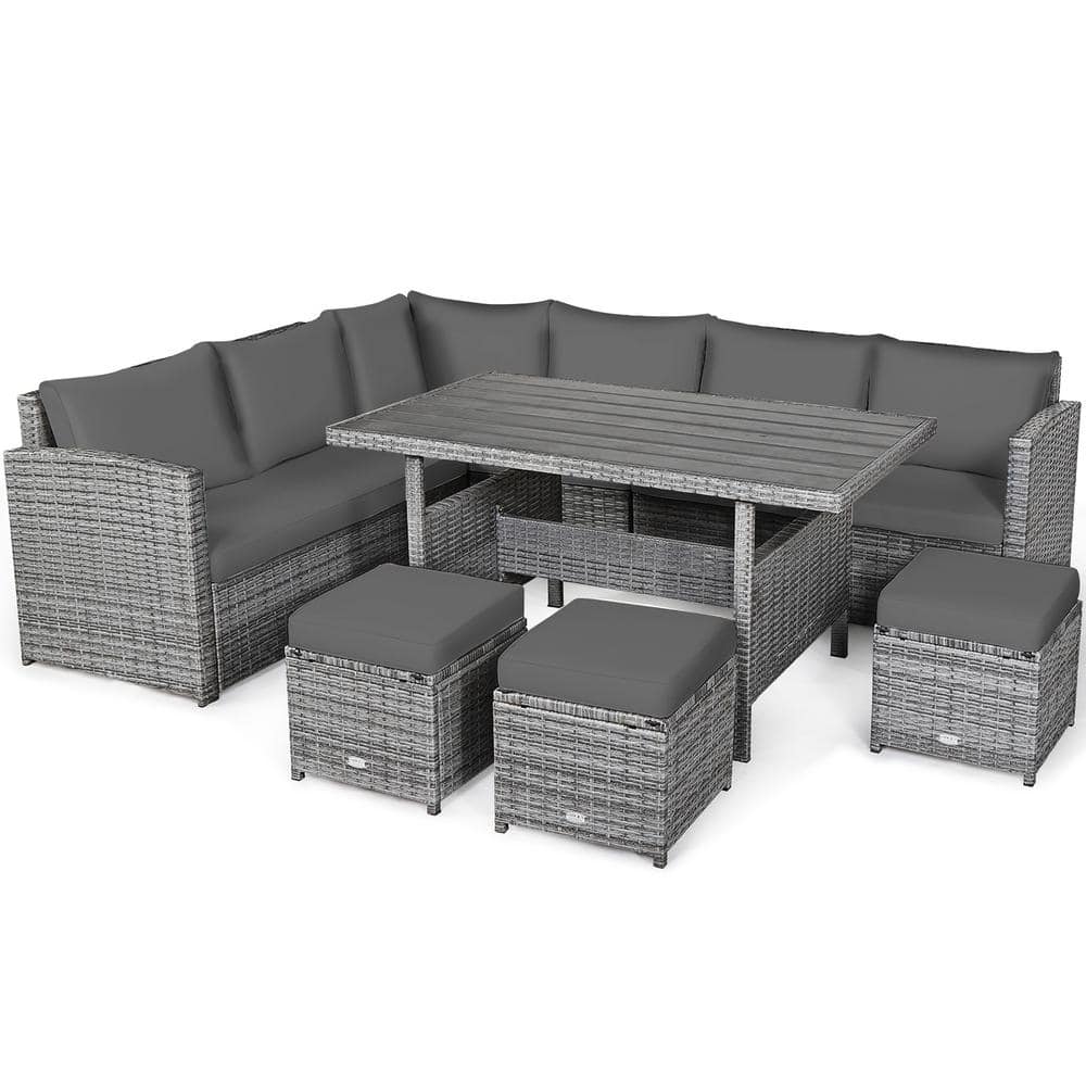 Costway 7-Piece Patio Rattan Dining Set Sectional Sofa Couch Ottoman Garden Gray -  HW67190AGR+