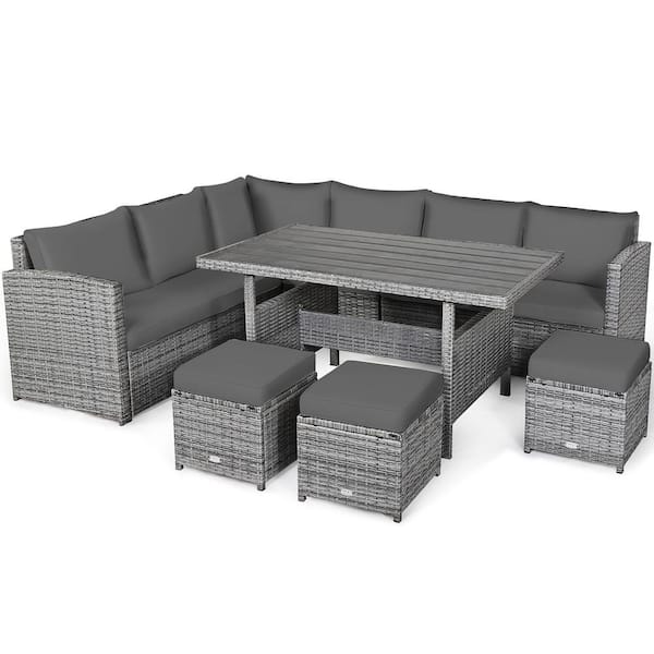 7-Piece Patio Rattan Dining Set Sectional Sofa Couch Ottoman Garden Gray