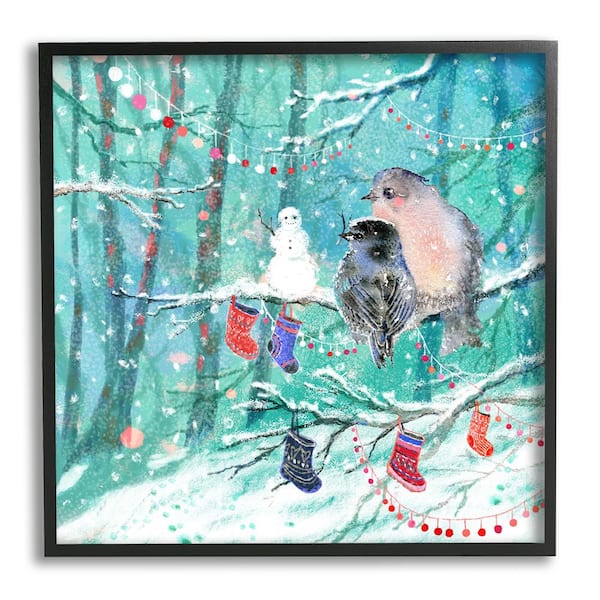 Stupell Industries Birds with Winter Stockings by Verbrugge Watercolor 1 Piece Framed Graphic Print Animal Poster Art Print 17 in. x 17 in.