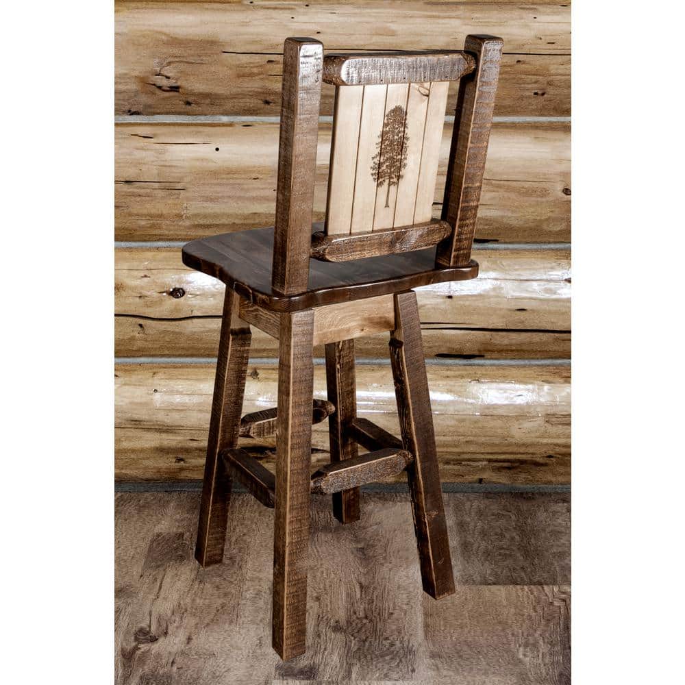 Rustic American Frontier 30" Swivel Barstool with Pine Tree Motif