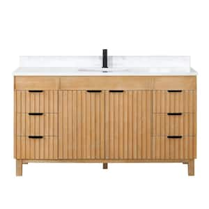 Palos 60 in.W x 22 in.D x 33.9 in.H Single Sink Bath Vanity in Fir Wood Brown with White GRain Stone Top