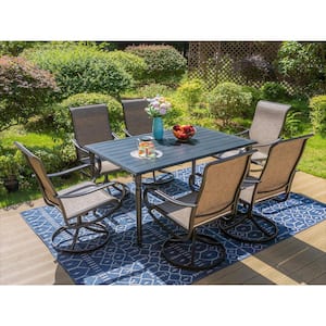 Black 7-Piece Metal Rectangle Patio Outdoor Dining Set with Slat Table and Textile Swivel Chairs