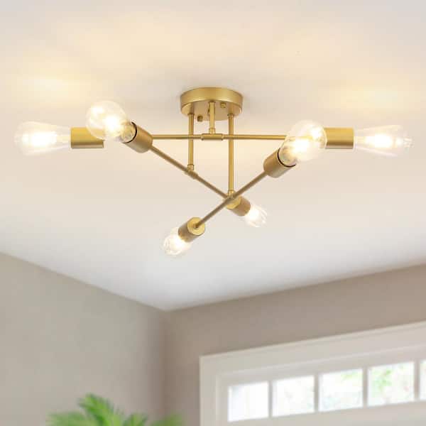 LWYTJO 20.66 in. 6-Light Gold Dimmable Sputnik Chandelier Modern Linear Semi Flush Mount Ceiling Light for Office Living Room