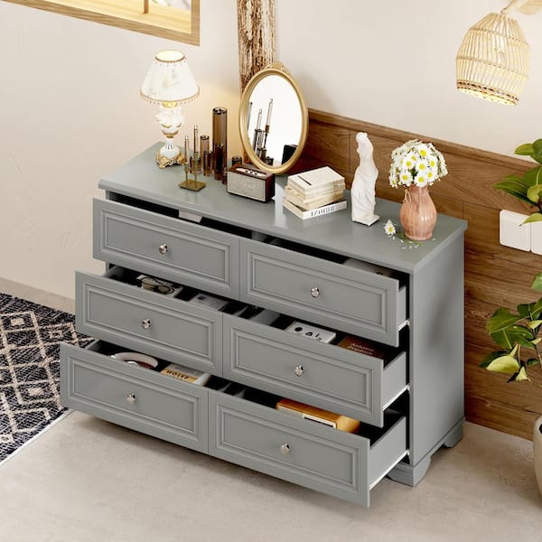 Elegant Design Gray 6-Drawer 53 in. Wide Dresser, Storage Cabinet with Metal Handles