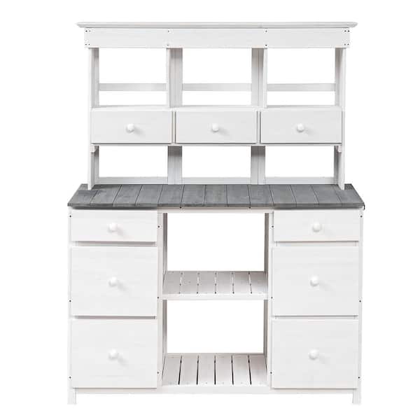 Sudzendf 50.1 in. W x 65.7 in. H White and Gray Garden Potting Bench Table, with Multiple Drawers and Shelves for Storage