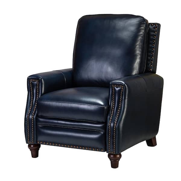 JAYDEN CREATION Theresa Comfy Navy Manual 3-Position Cigar Genuine Leather Recliner with Nailhead Trim and Solid Wooden Legs