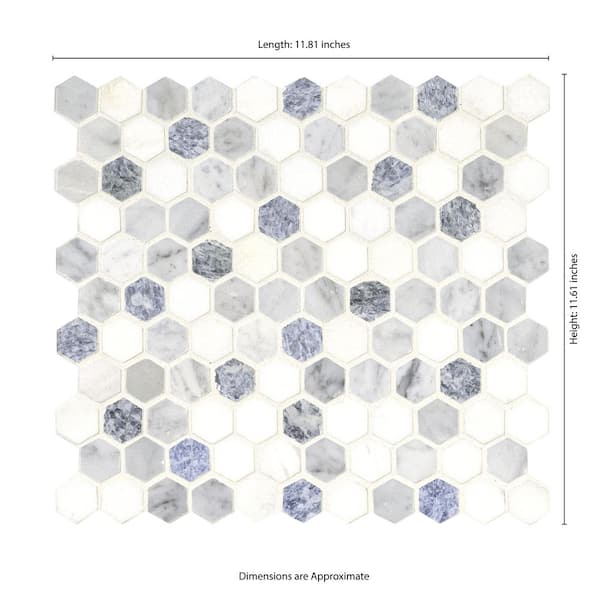 MSI Azula Hexagon 11.81 in. x 11.61 in. x 10mm Polished Marble Mesh-Mounted Mosaic Tile (9.6 sq. ft. / Case) MSI Azula Hexagon 11.81 in. x 11.61 in. x 10mm Polished Marble Mesh-Mounted Mosaic Tile (9.6 sq. ft. / Case)
