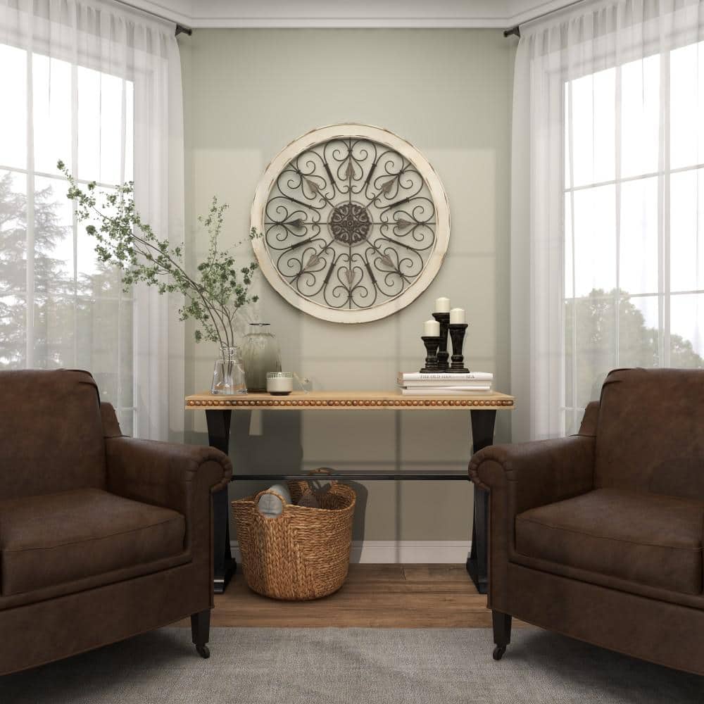 White Distressed Wood and Iron Scroll Wall Decor, 36" Round