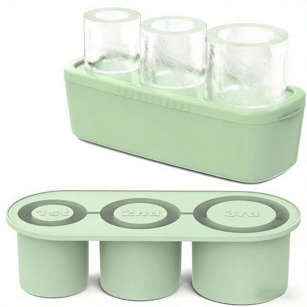 30-40 oz. Tumbler Compatible Ice Cube Tray, 3-Cavity Silicone Cylinder Ice Mold with Lid and Storage Bin, Green