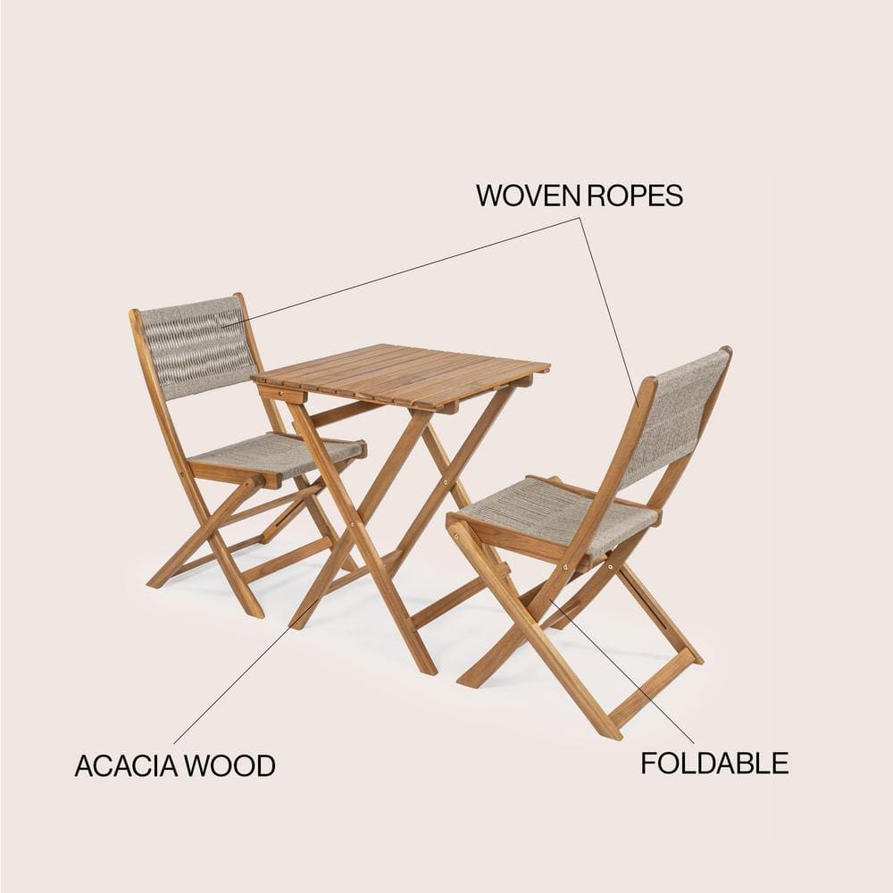 Beige and Teak Brown Acacia Wood Outdoor Folding Bistro Set