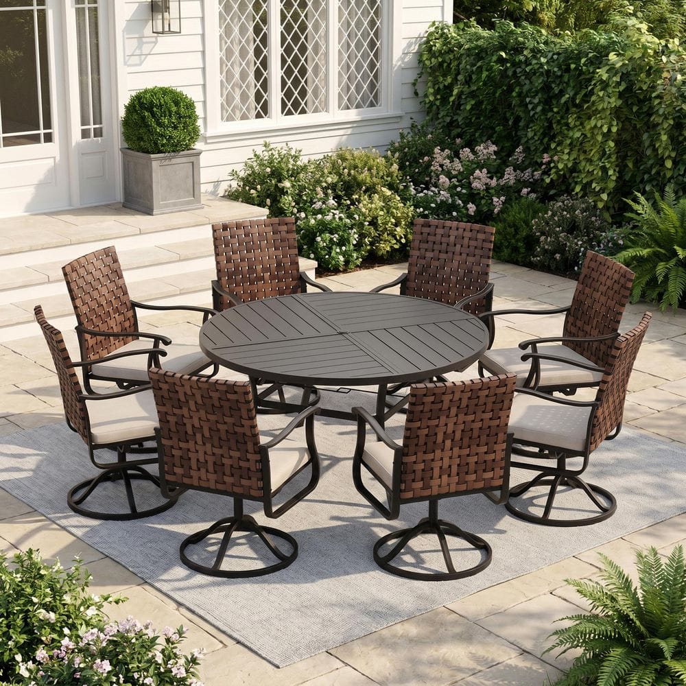 9-Piece Metal Outdoor Dining Set with 59.8 in. Black Round Table and 8 Brown Wicker Swivel Chairs with Beige Cushions price history on PriceWatchPro