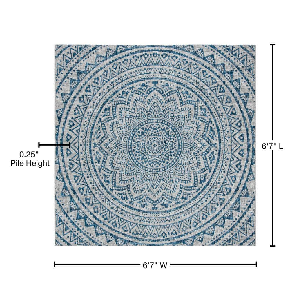 Light Grey and Blue Synthetic Square Indoor/Outdoor Area Rug