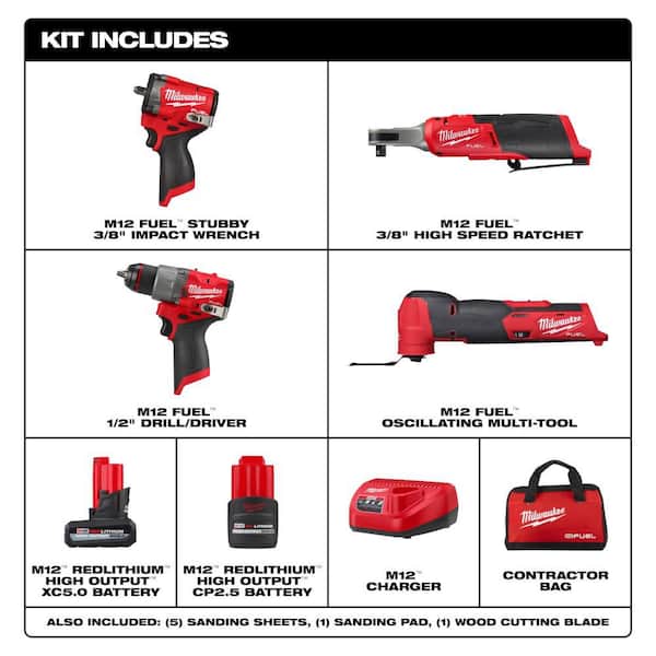 M12 FUEL 12V Lithium-Ion Cordless Drill Driver, Impact Wrench, and Ratchet Combo Kit w/Batteries, Chargers & Bag