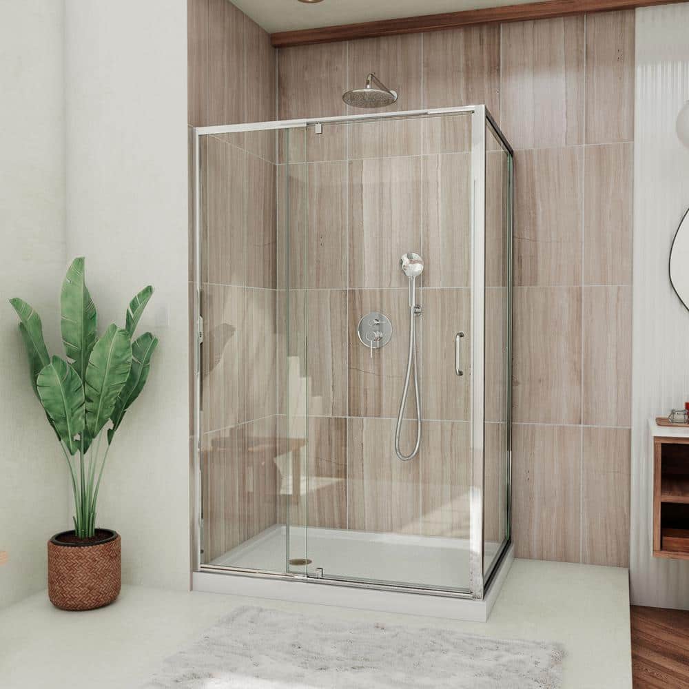 Flex 36 in. D x 48 in. W x 74.75 in. Framed Pivot Shower Enclosure in Chrome with Left Drain White Acrylic Base Kit price history on PriceWatchPro