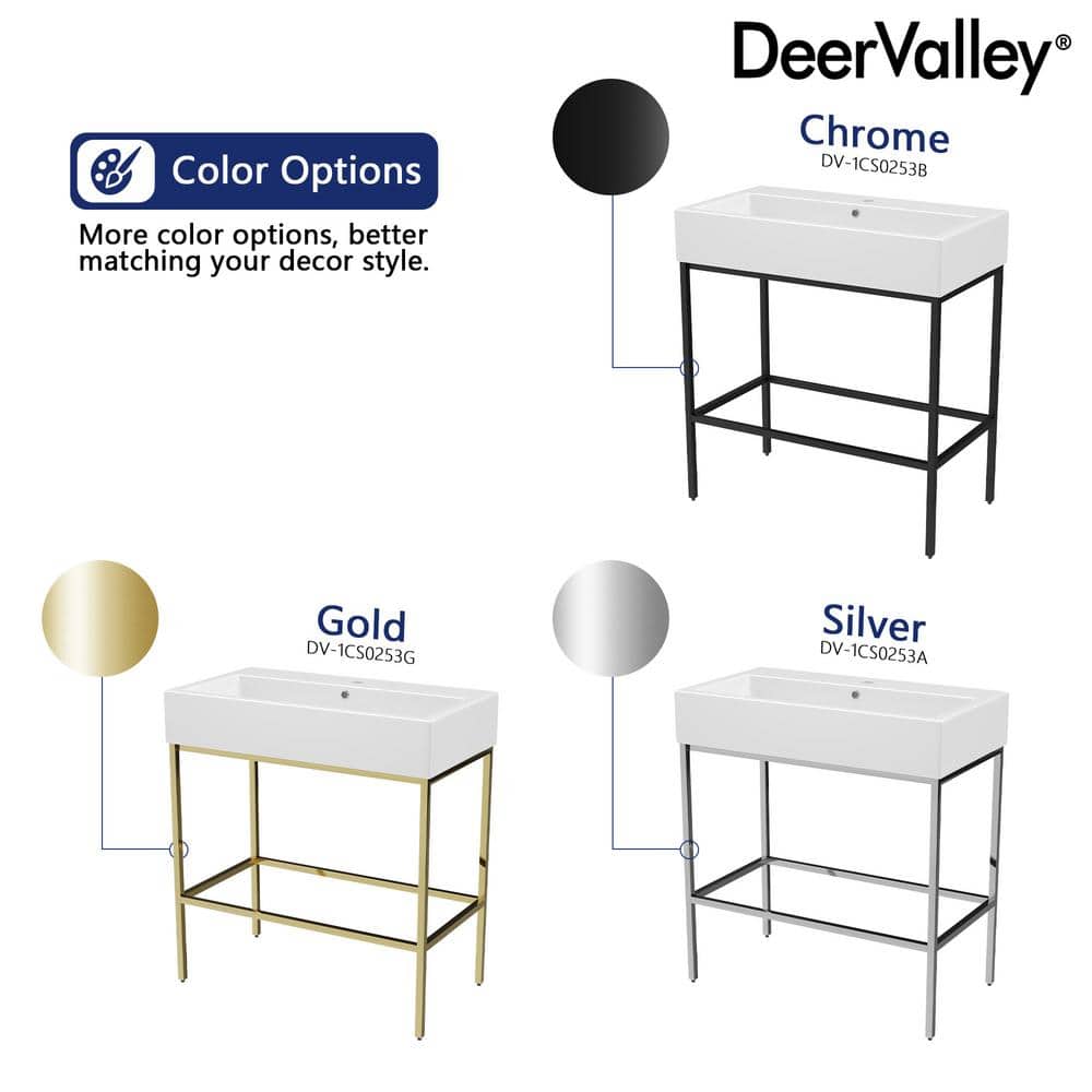White Ceramic Console Sink with Gold Stainless Steel Frame