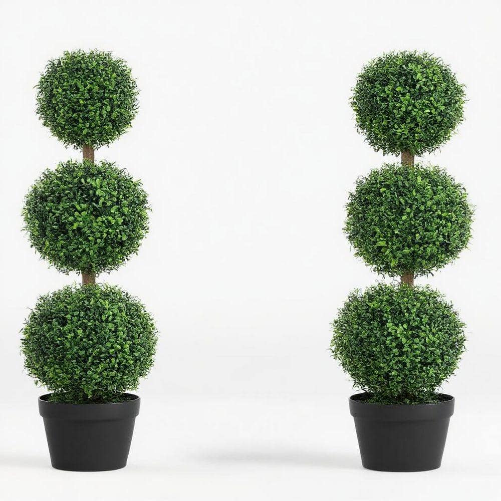Realistic Green 3.3 ft. Plastic Artificial Boxwood Tree in Nursery Pot ...
