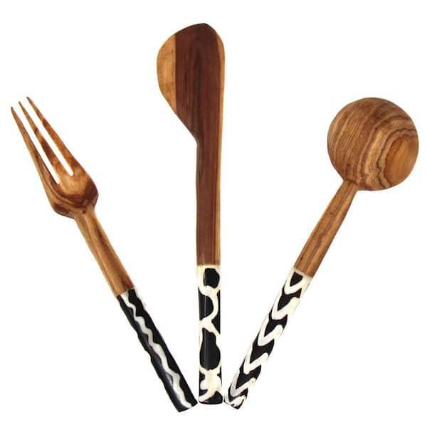 Global Crafts Olive Wood Appetizer Set of 3 (Fork, Spoon, Spreader)