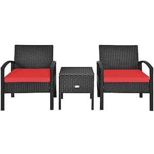 3-Piece Wicker Patio Conversation Set with Red Cushions and Hidden Storage Space