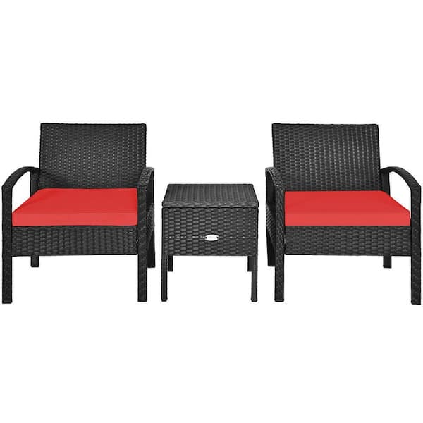 WELLFOR 3-Piece Wicker Patio Conversation Set with Red Cushions