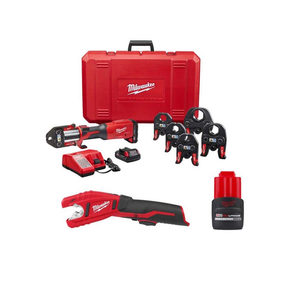 Milwaukee M18 Cordless FORCE LOGIC Press Tool Kit w/1/2 in - 2 in Jaws Kit, M12 Copper Tubing Cutter & M12 HO 2.5ah Battery -  2922-22-2471-20