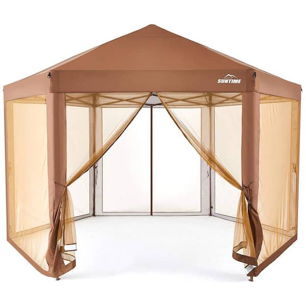 Zeus & Ruta 13 ft. x 13 ft. Brown Pop Up Hexagon Canopy Party Tent Gazebo with Sidewalls