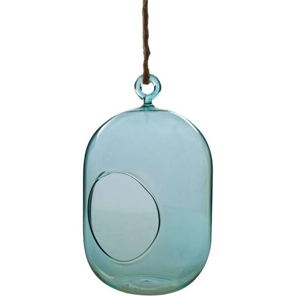 Pride Garden Products Mika 3.5 in. x 6.5 in. Blue Glass Hanging Capsule Terrarium with Rope